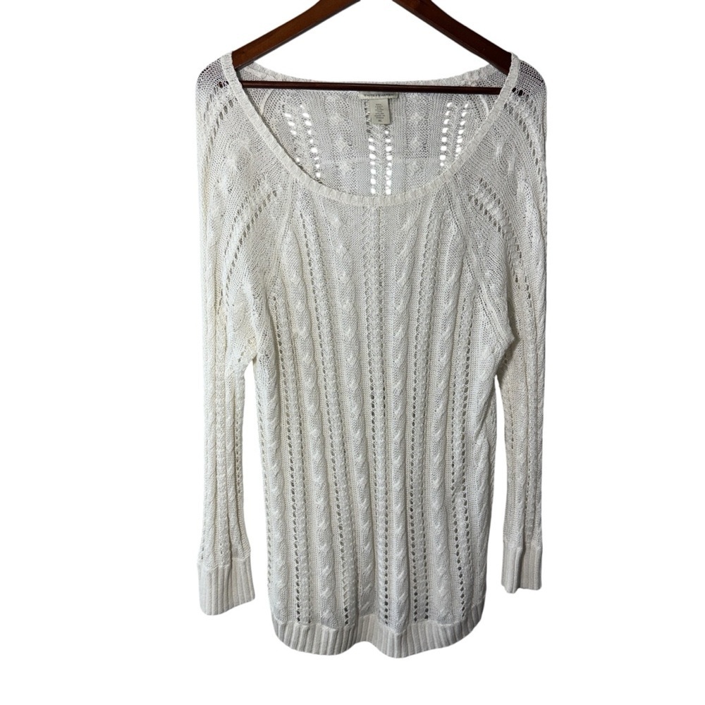 White + Warren White Linen Scoop Neck Long Sleeve Cable Knit Sweater Size XL